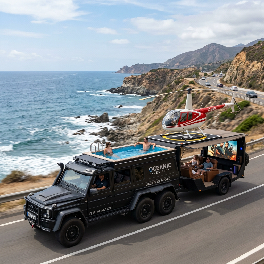 Black Oceanic Expeditions Terra Maxx vehicle with rooftop pool, helicopter, and passengers on coastal highway