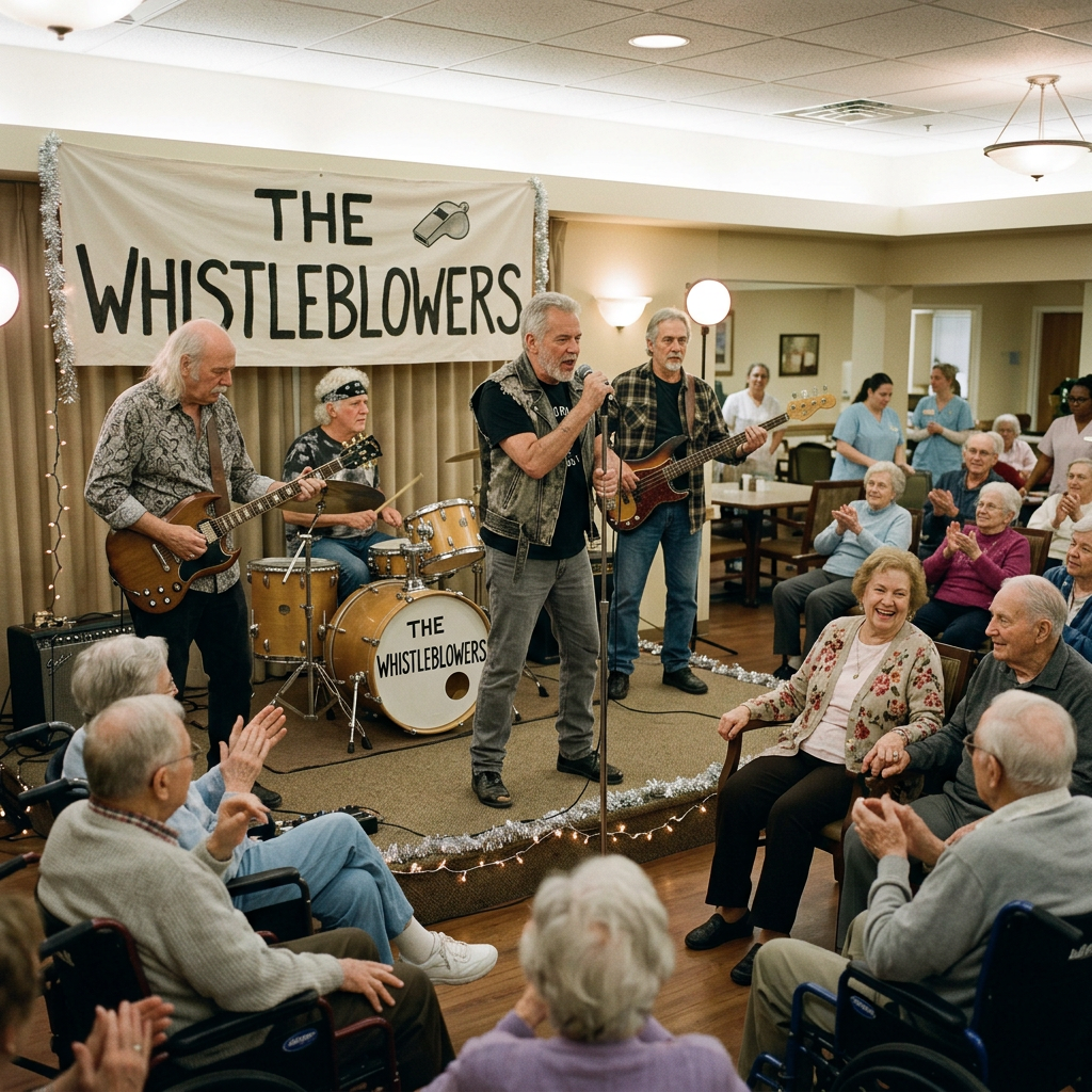The Whistleblowers perform for seated residents in a community room