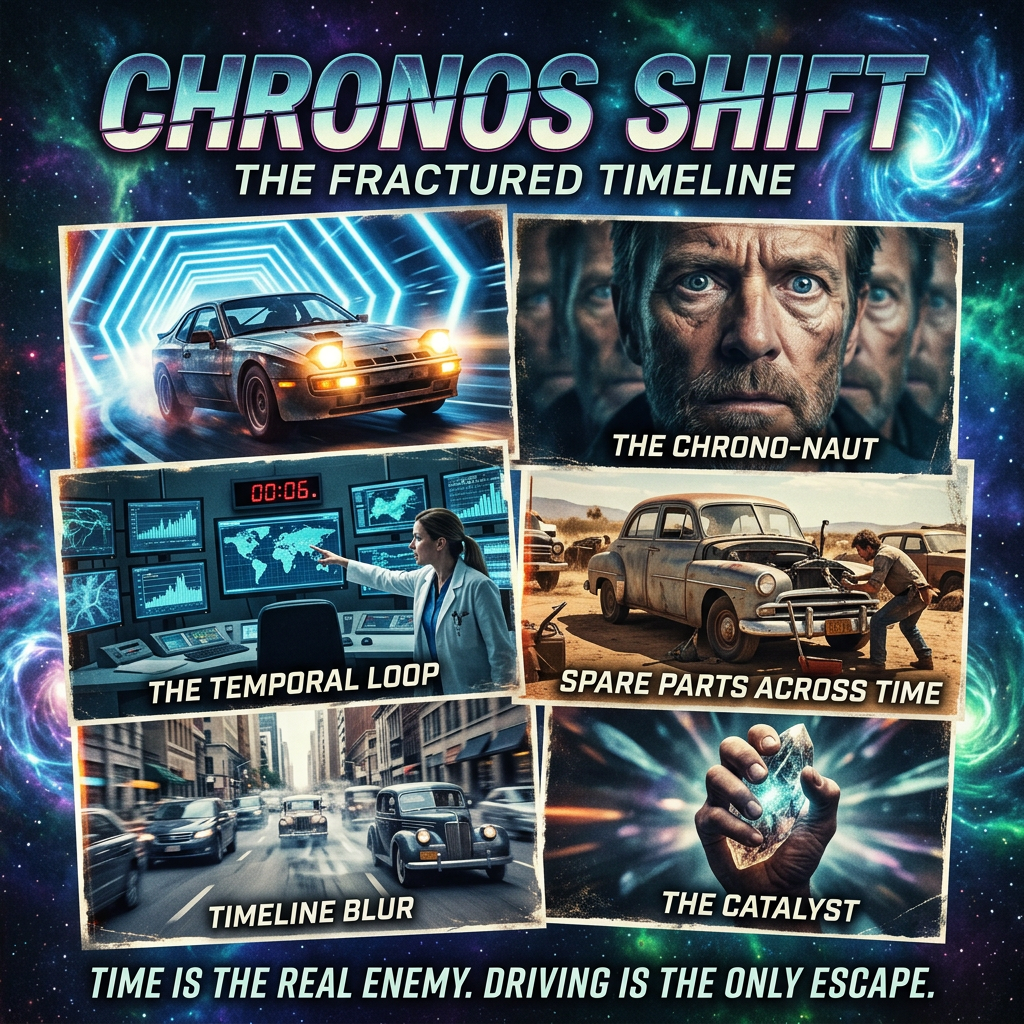 Poster reading “CHRONOS SHIFT: THE FRACTURED TIMELINE,” with panels labeled “THE CHRONO-NAUT,” “THE TEMPORAL LOOP,” “SPARE PARTS ACROSS TIME,” “TIMELINE BLUR,” and “THE CATALYST,” plus “TIME IS THE REAL ENEMY. DRIVING IS THE ONLY ESCAPE.” and a display reading “00:06.”