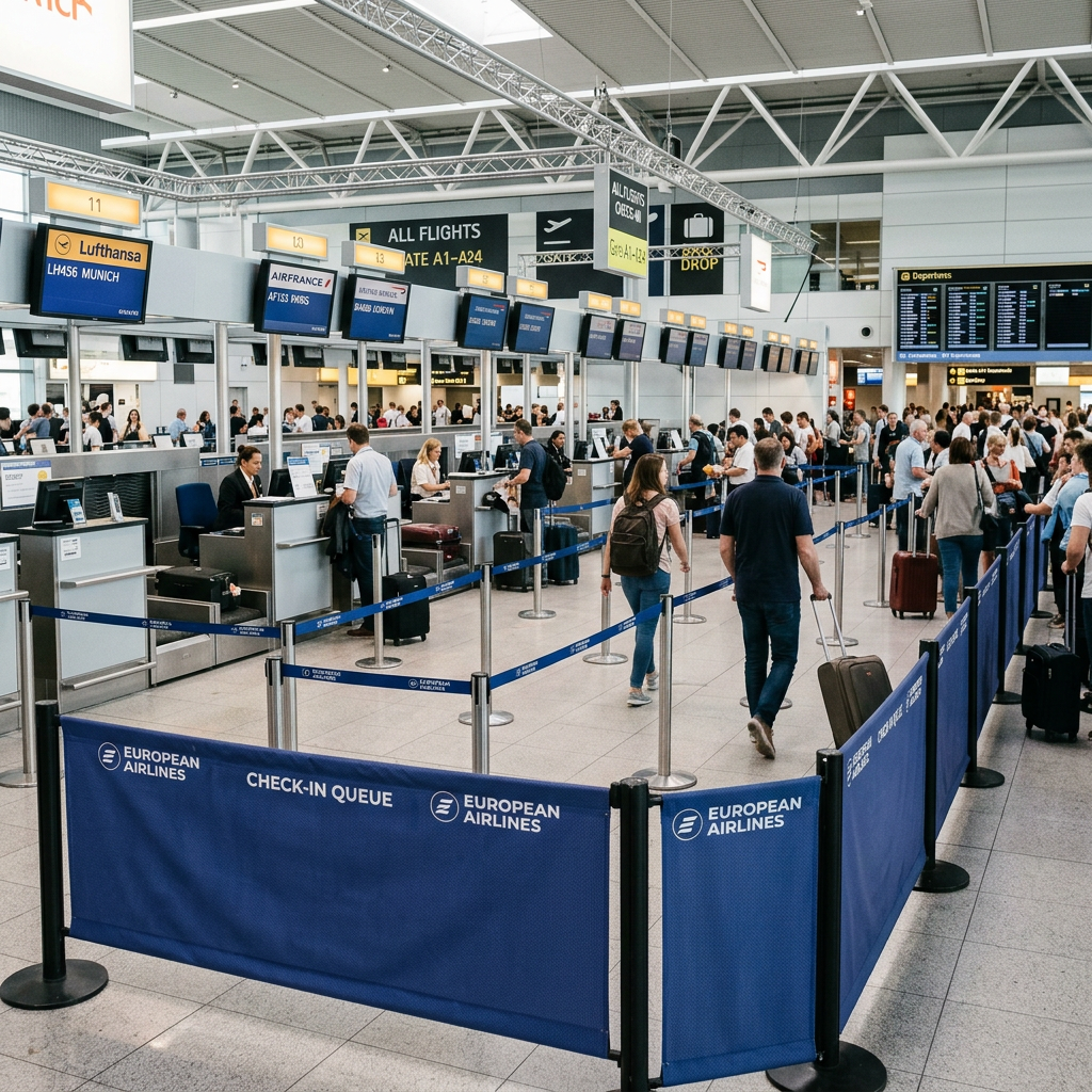 Travelers queue at European Airlines airport check-in counters