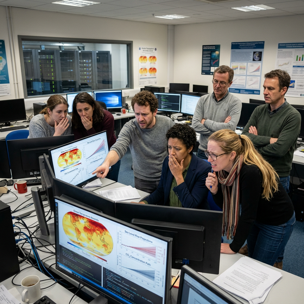Researchers reviewing climate projections on multiple computer monitors in a laboratory