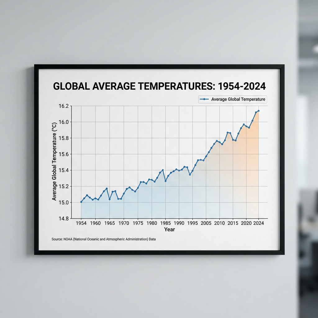 Chart titled "GLOBAL AVERAGE TEMPERATURES: 1954-2024" showing average global temperature rising from about 15.0°C to 16.1°C; x-axis Year, y-axis Average Global Temperature (°C), source NOAA data.
